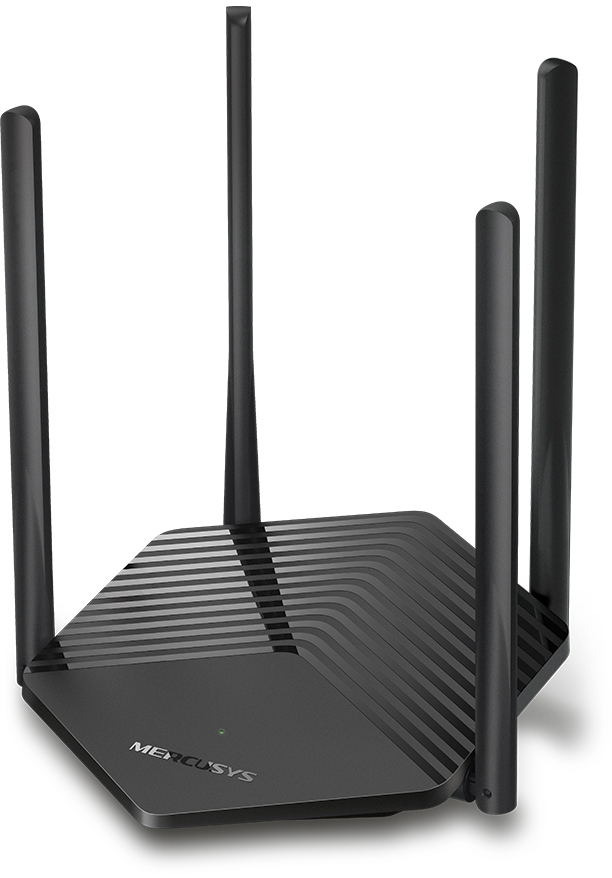 Fekete Mercusys Wi-Fi router négy antennával. Szögletes kialakítás, fehér háttérben.