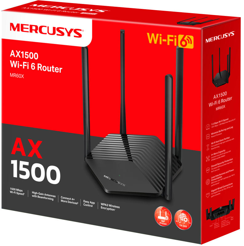 Wi-Fi 6 router dobozban, antennákkal és a router grafikájával.