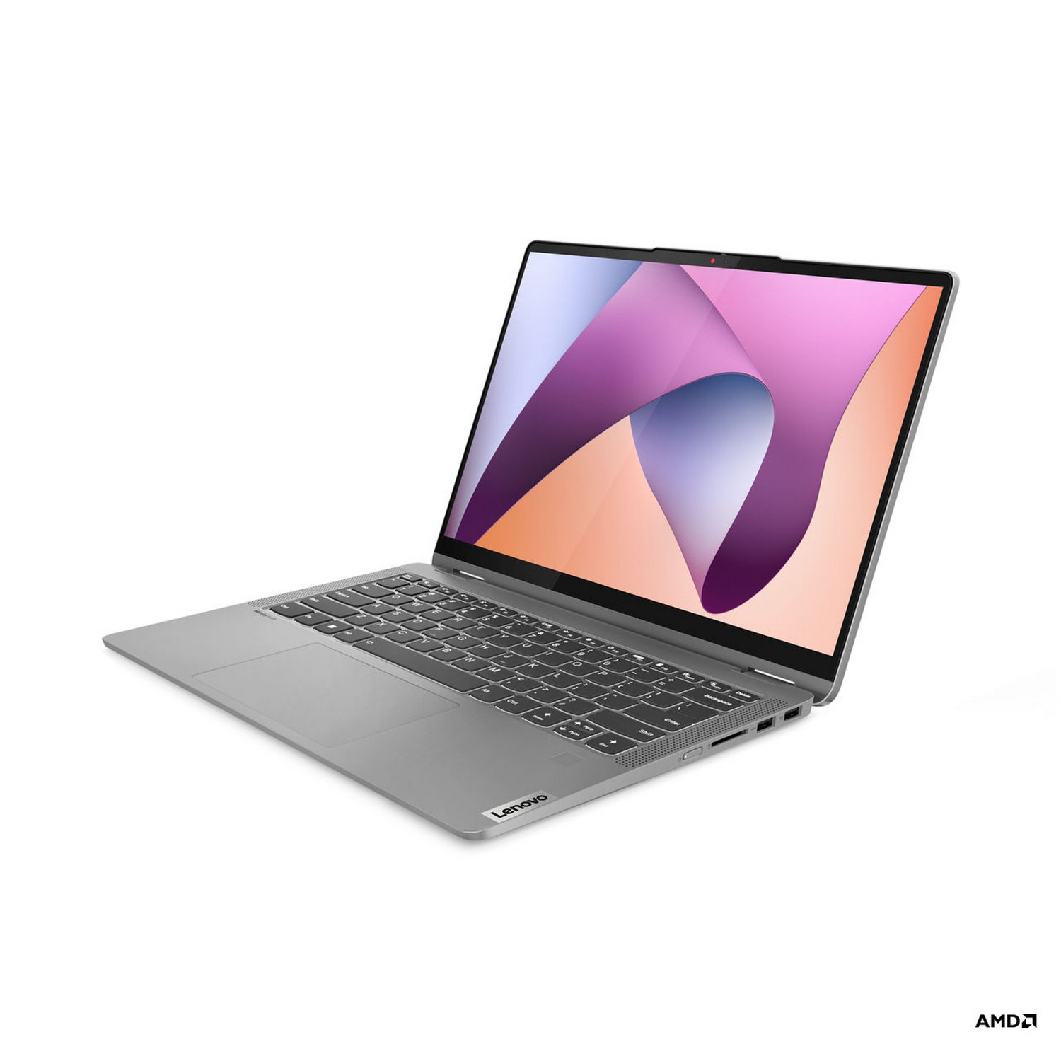 Un ordinateur portable Lenovo gris ouvert sur une surface blanche, avec un écran violet et rose.