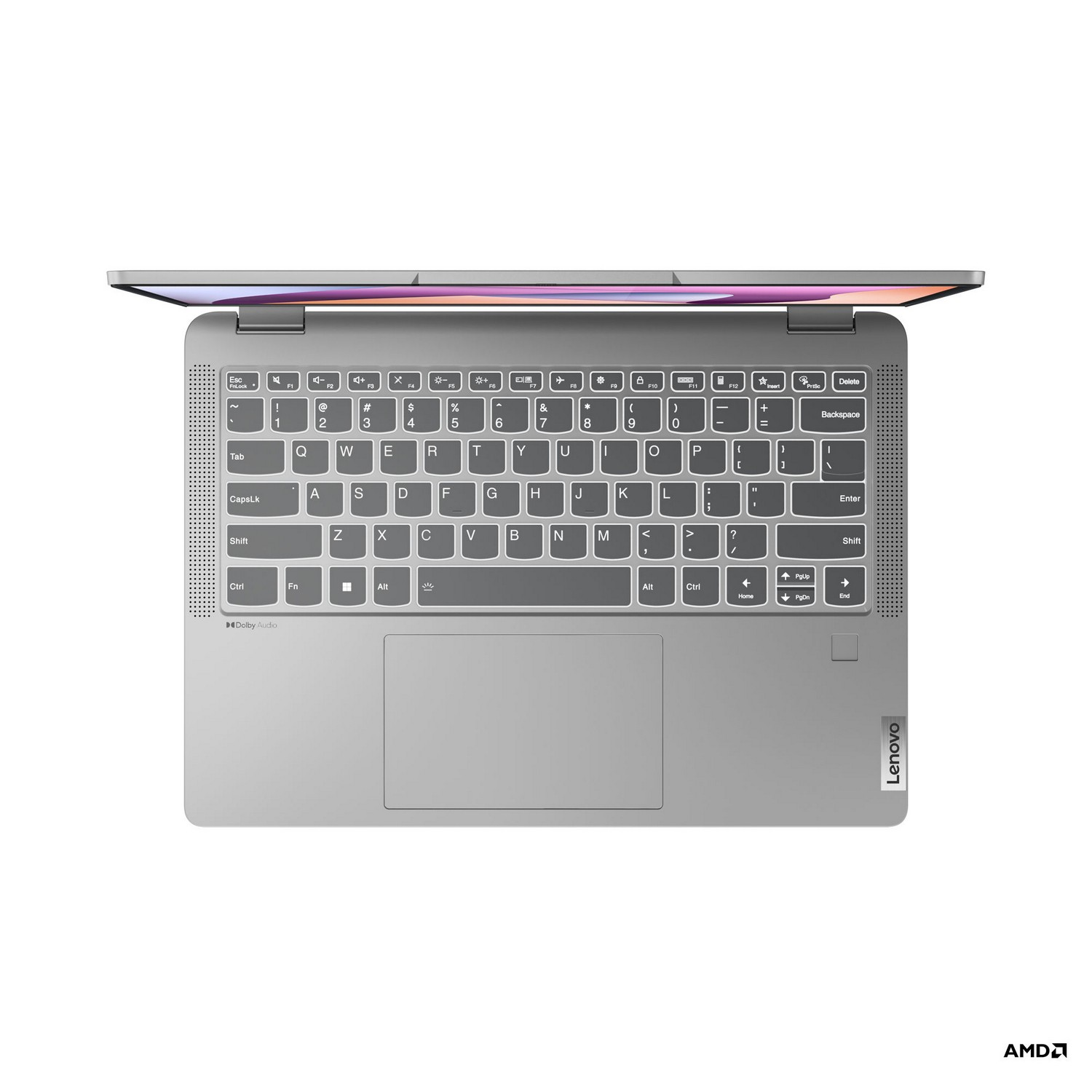 Vue de dessus d'un ordinateur portable argenté avec écran ouvert et clavier.