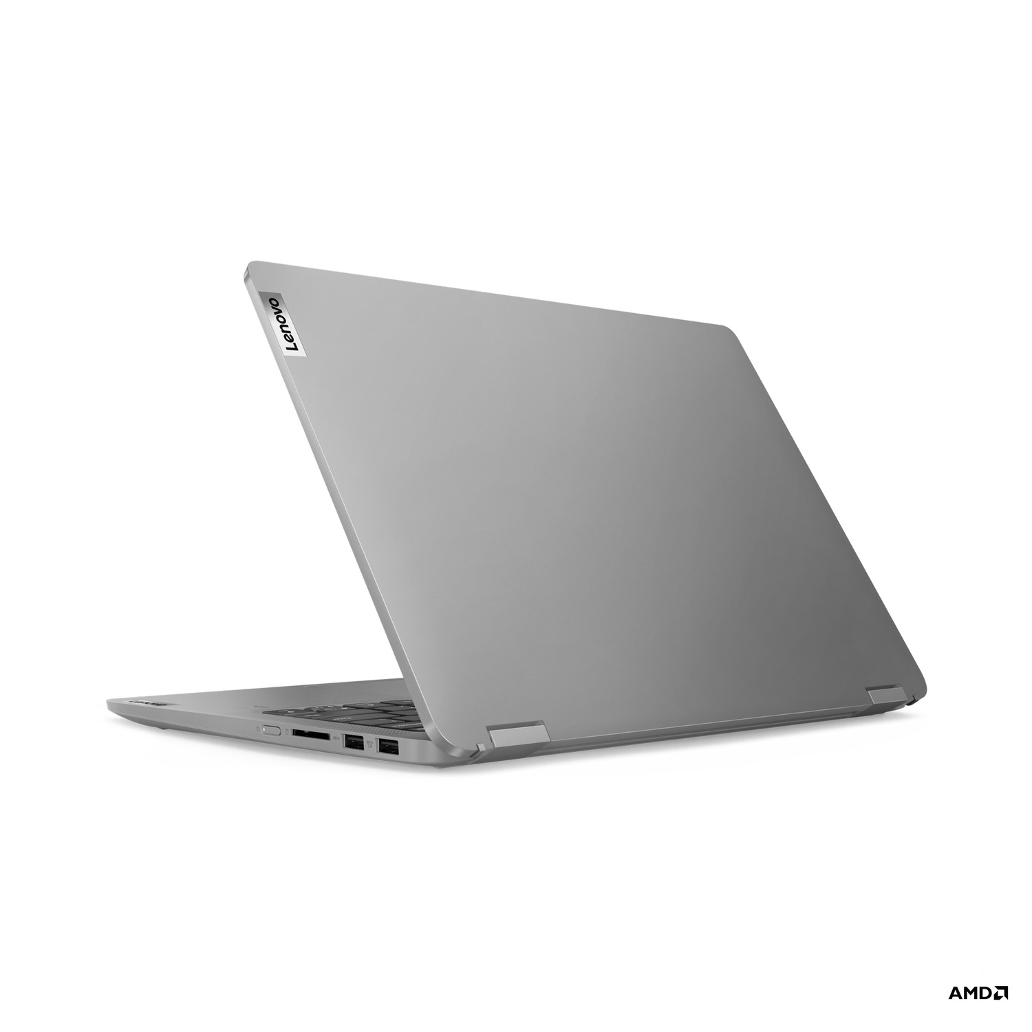 Un ordinateur portable Lenovo gris, partiellement ouvert, vu de l'arrière en angle.