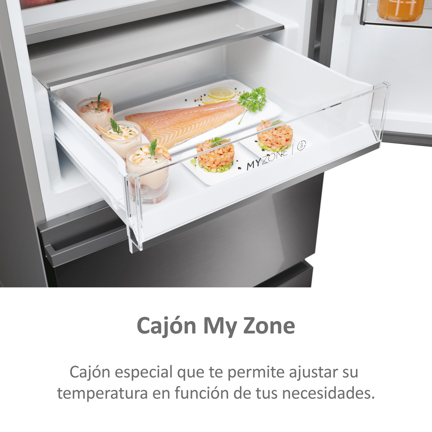 Cajón del refrigerador con alimentos, primer plano, texto: My Zone.
