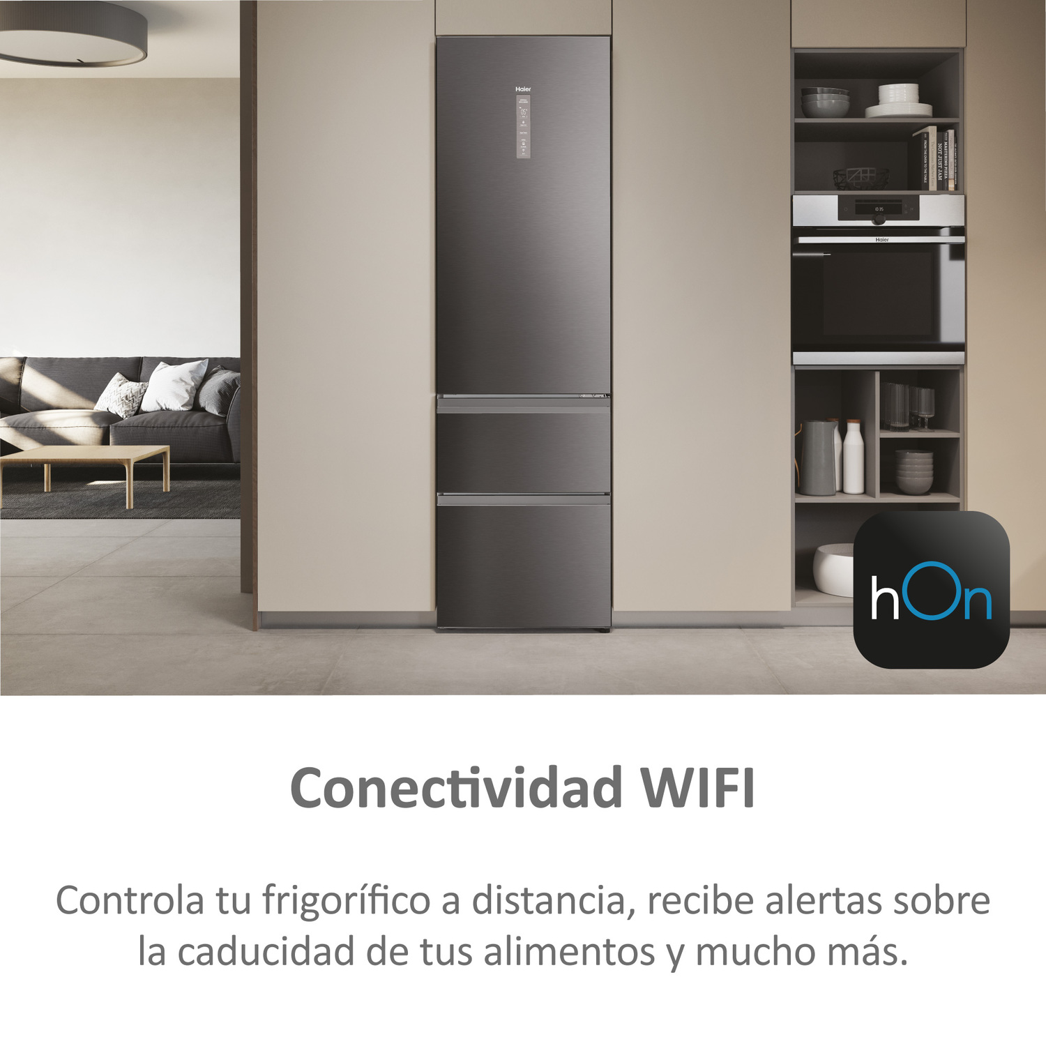 Un frigorífico moderno con dos cajones. El fondo muestra una sala de estar.