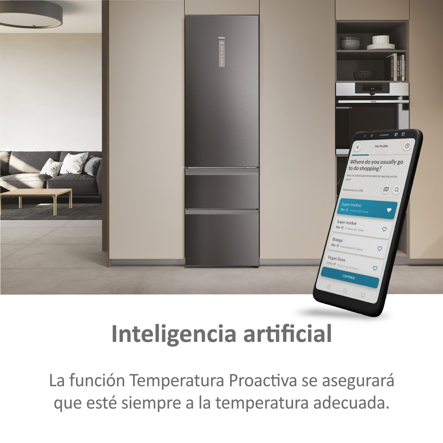 Un refrigerador moderno con acabado metálico oscuro y dos cajones, con un teléfono inteligente.