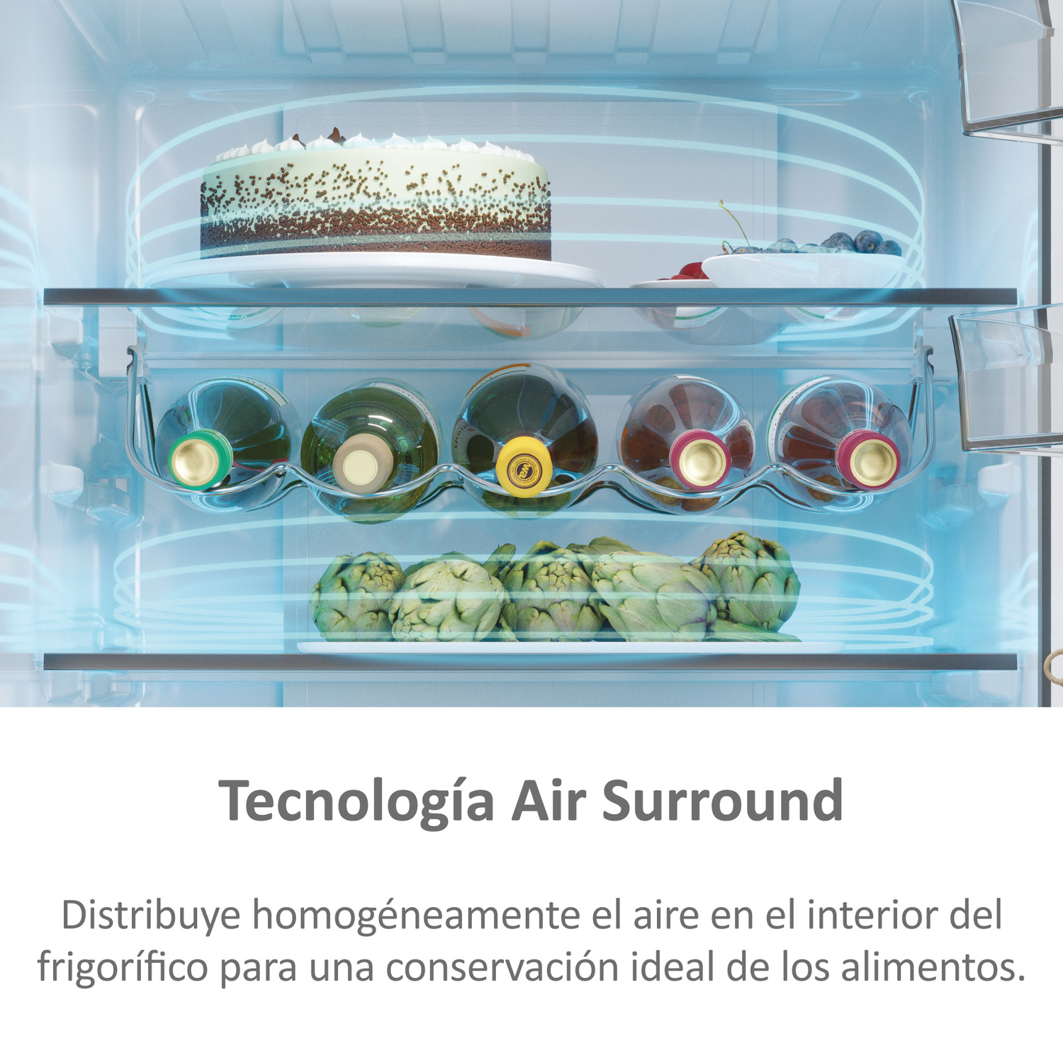 Dentro de un refrigerador con estantes, pasteles, botellas y alcachofas, con texto debajo.