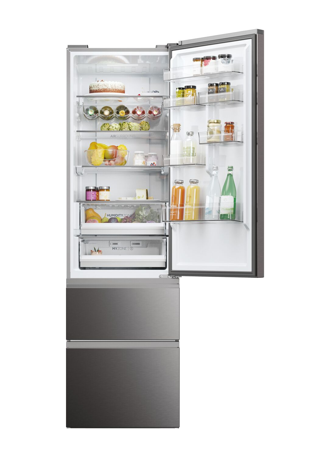Refrigerador moderno con puerta abierta, mostrando el interior con alimentos en los estantes.