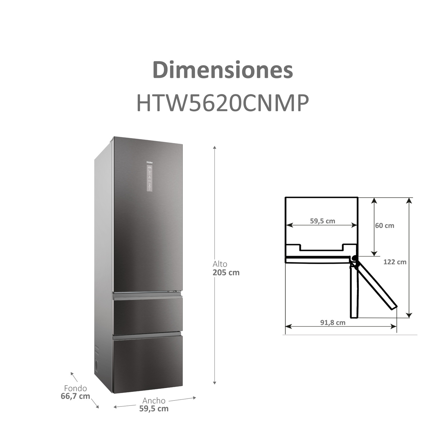 Refrigerador con medidas, dimensiones y un diagrama mostrado.