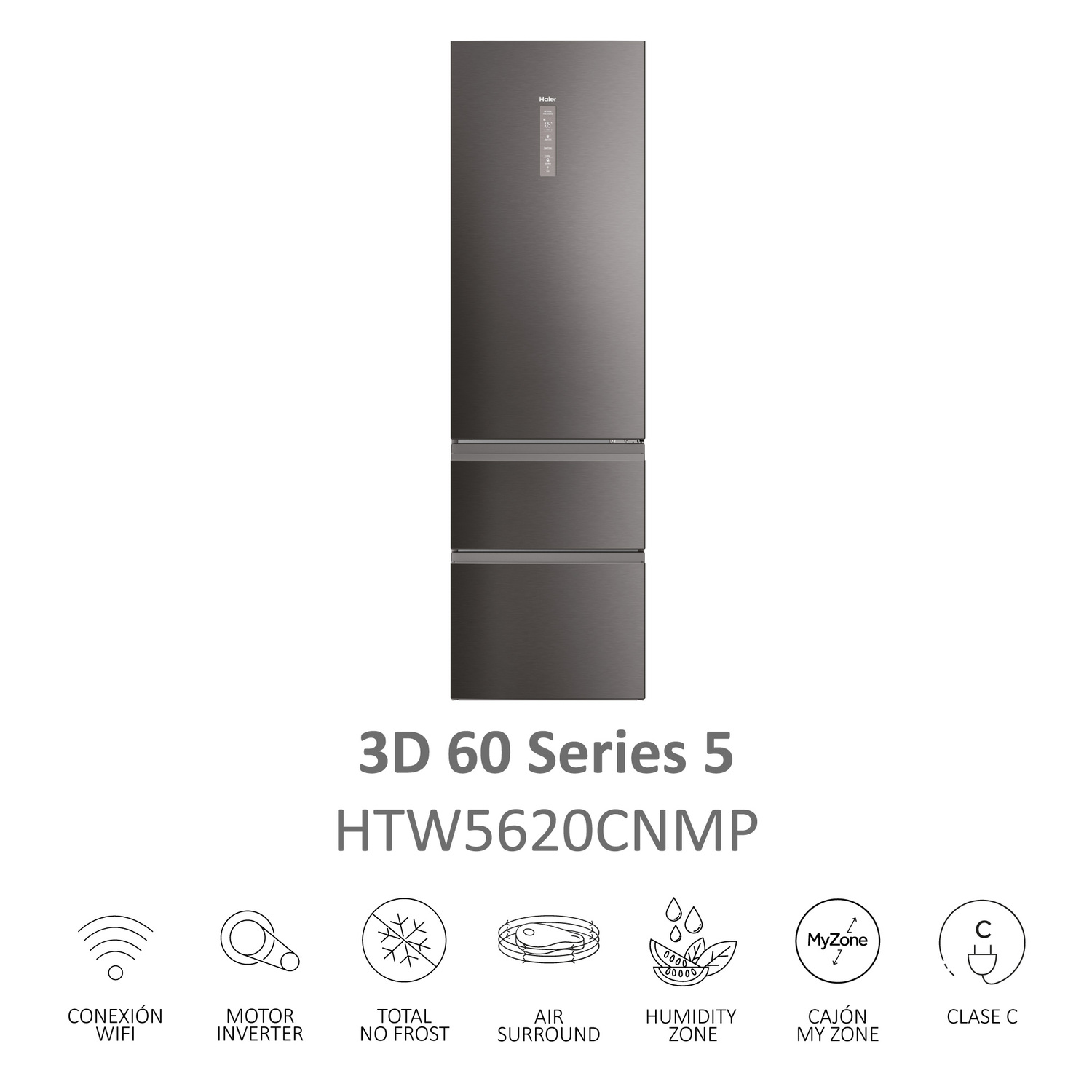 Refrigerador Haier gris oscuro con tres cajones e iconos, sobre fondo blanco.
