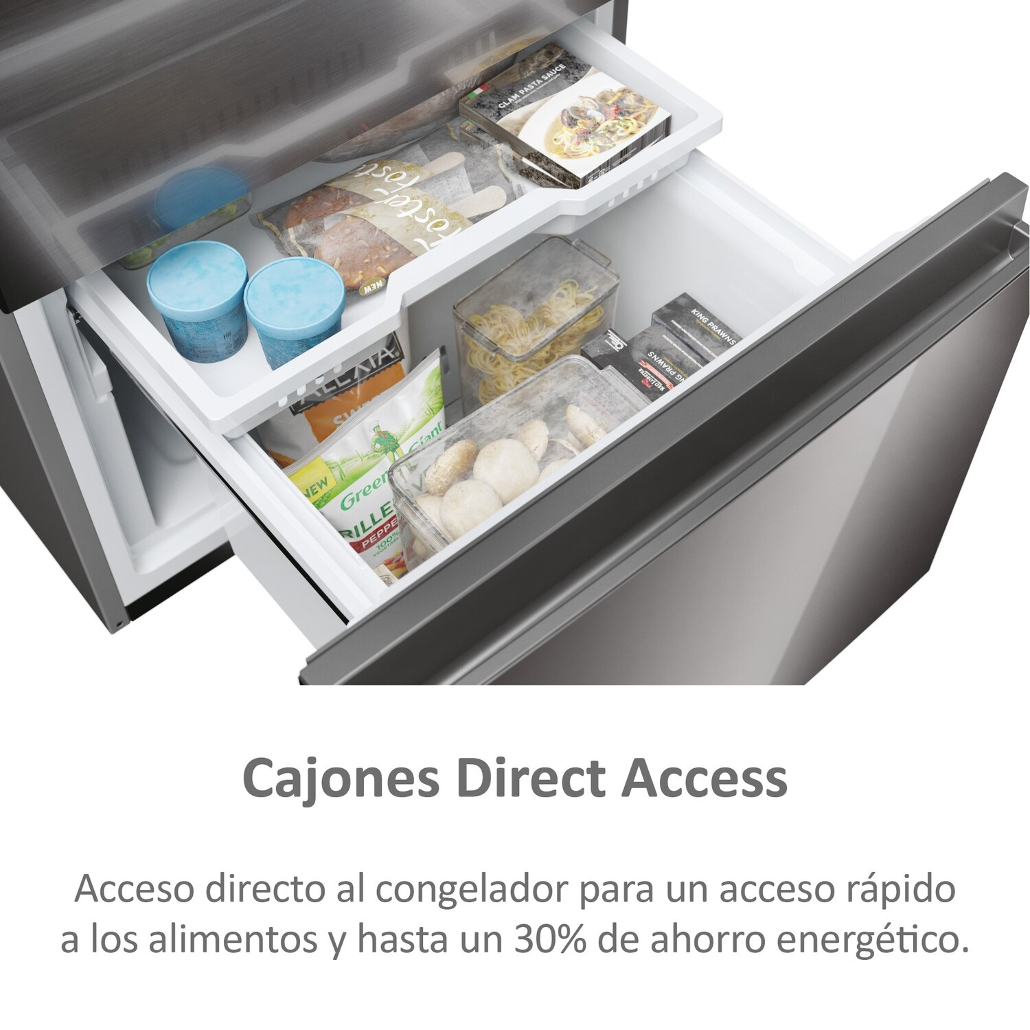 Cajones del congelador del refrigerador abiertos con alimentos.