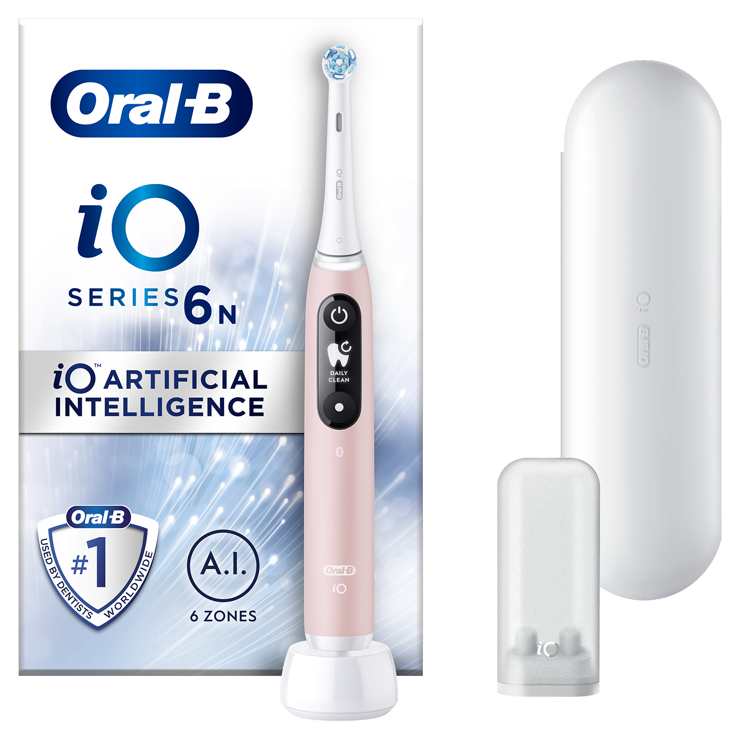 Rózsaszín Oral-B iO Series 6N fogkefe, töltővel és dobozzal. Digitális kijelzője van.