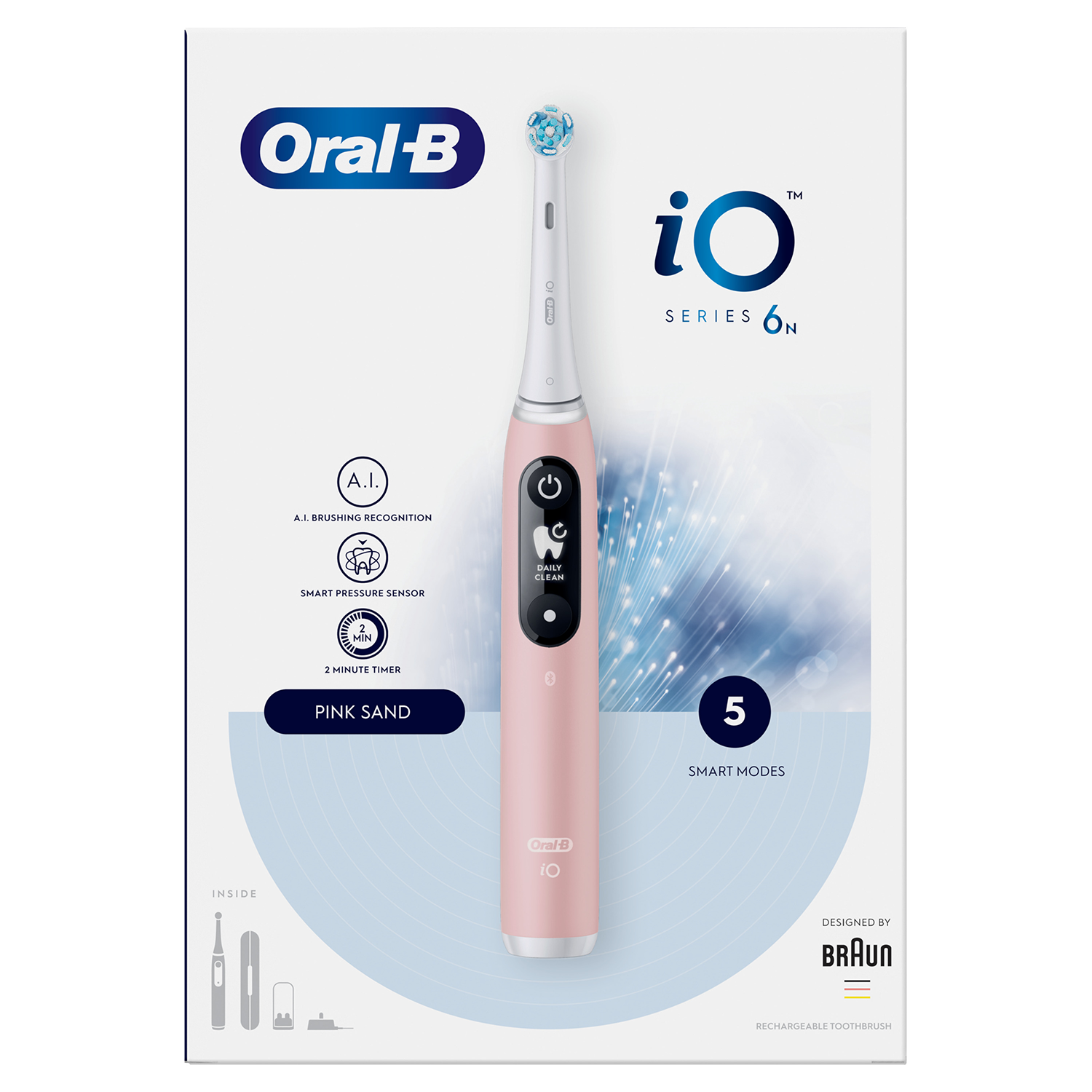 Rózsaszín Oral-B iO Series 6N elektromos fogkefe dobozon, szöveggel és ikonokkal.