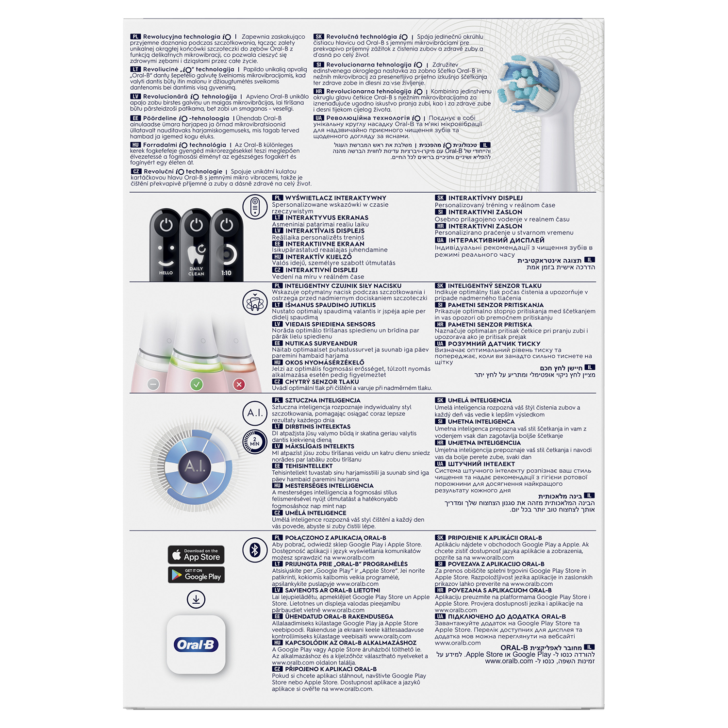 Egy Oral-B elektromos fogkefe több fejjel, szöveggel több nyelven.