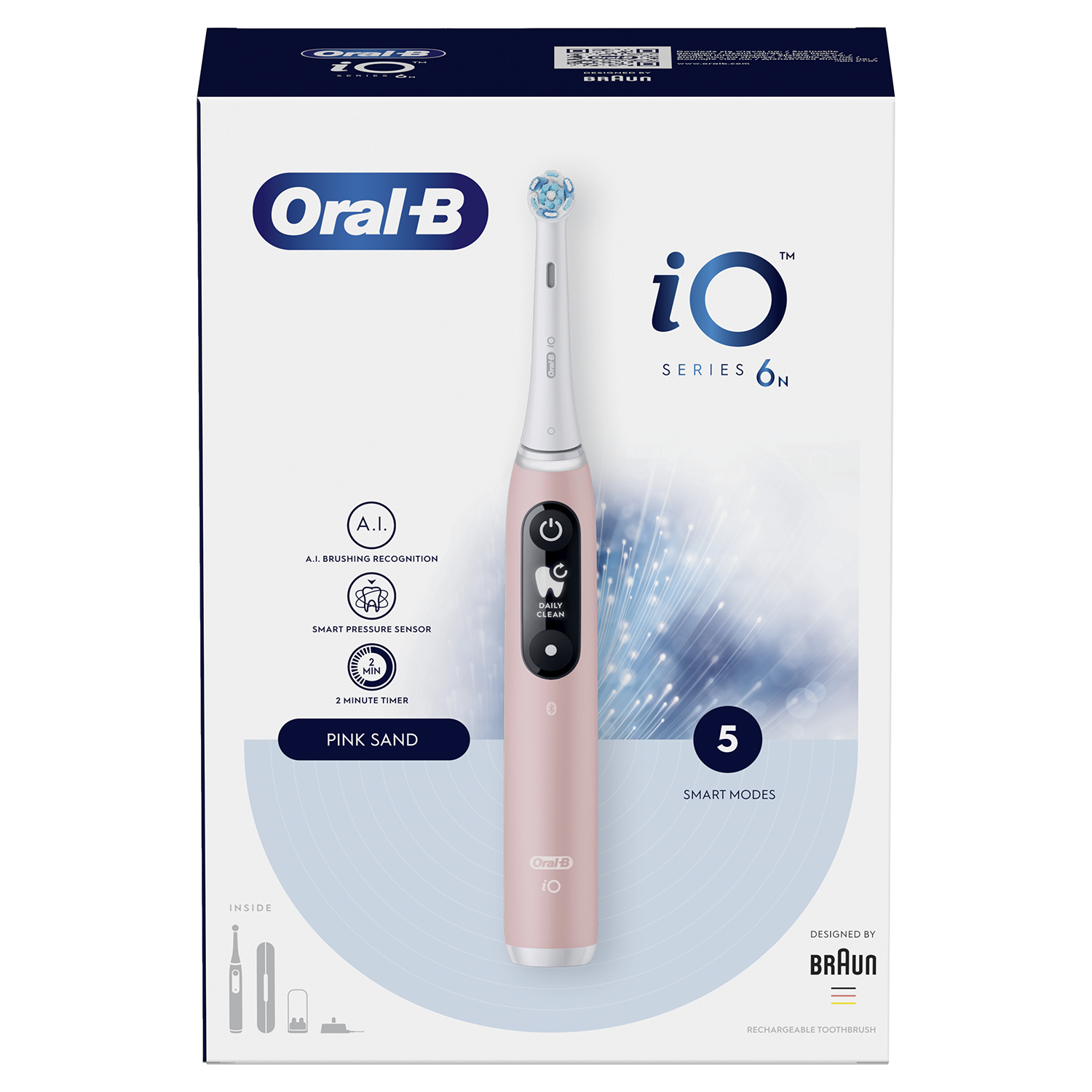 Rózsaszín-fehér Oral-B iO Series 6N elektromos fogkefe dobozzal fehér felületen.