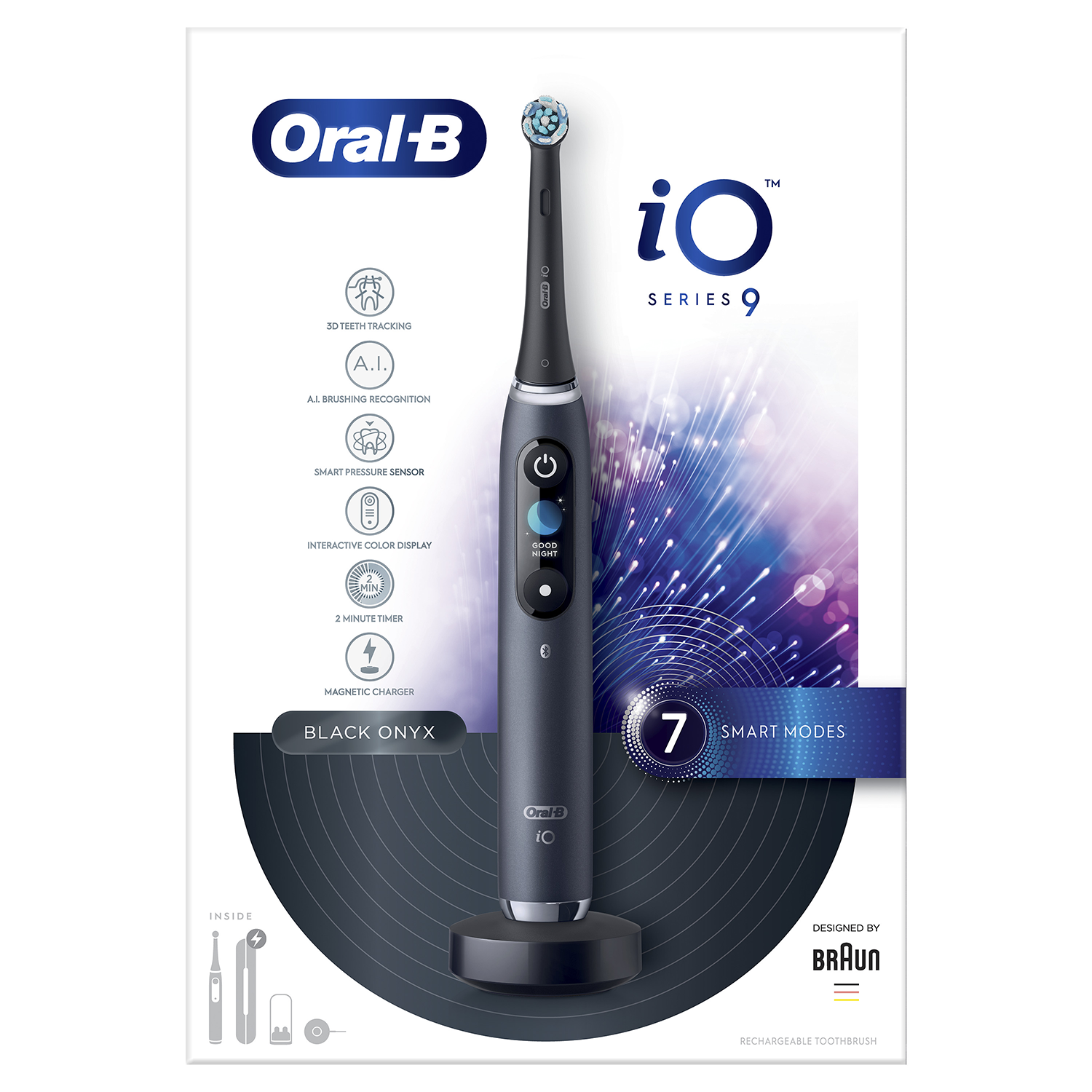 Egy fekete Oral B iO Series 9 fogkefe. A csomagolás a fogkefe funkcióit mutatja, beleértve az okos módokat és az időzítőt.