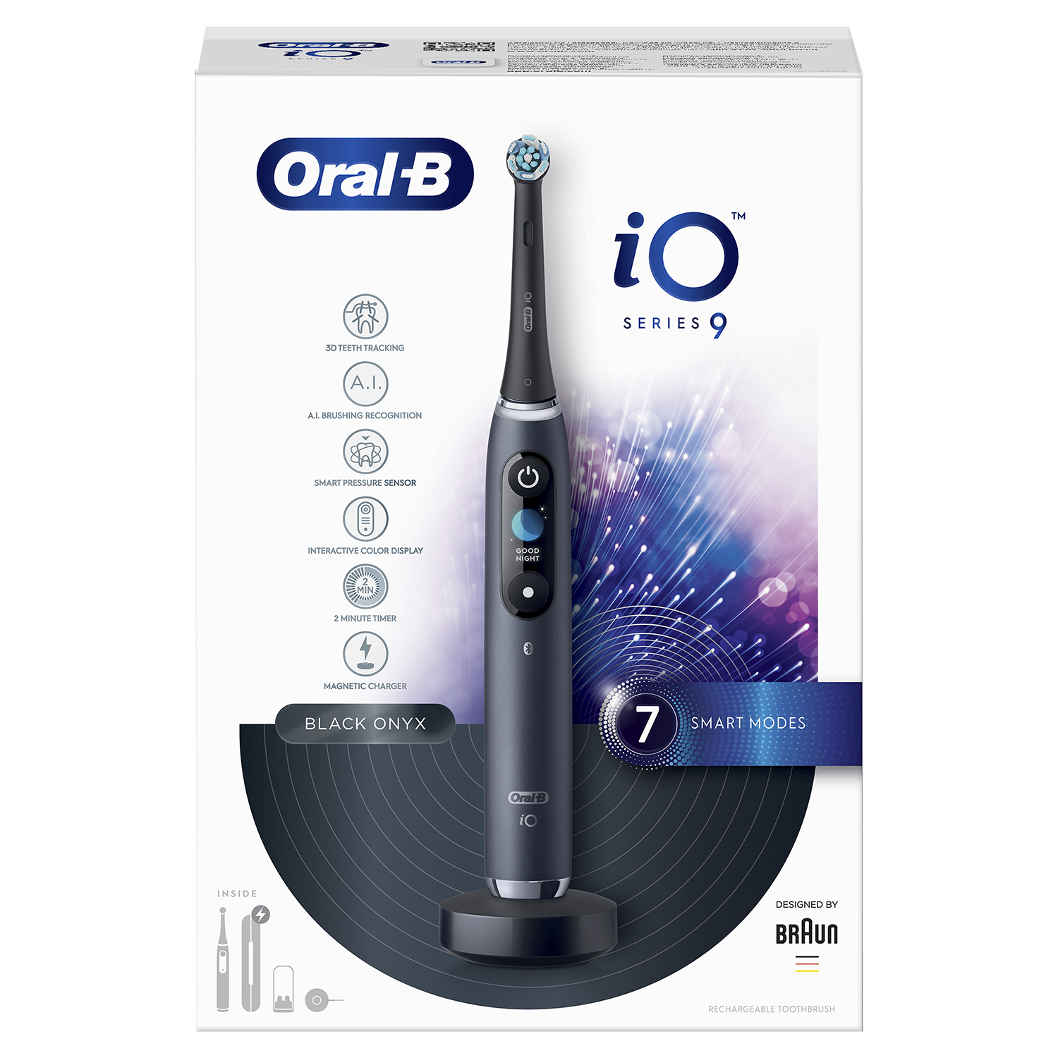 Oral-B iO Series 9 elektromos fogkefe. Black Onyx, töltővel és a dobozon feltüntetett funkciókkal.
