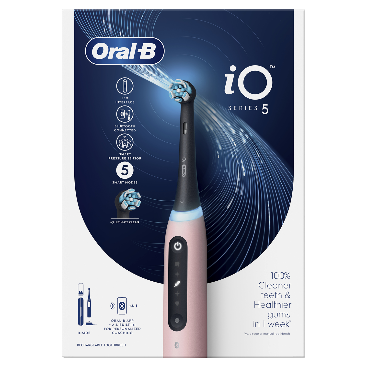 Rózsaszín és fekete Oral-B iO Series 5 elektromos fogkefe. A csomagolás a kefe funkcióit részletezi.