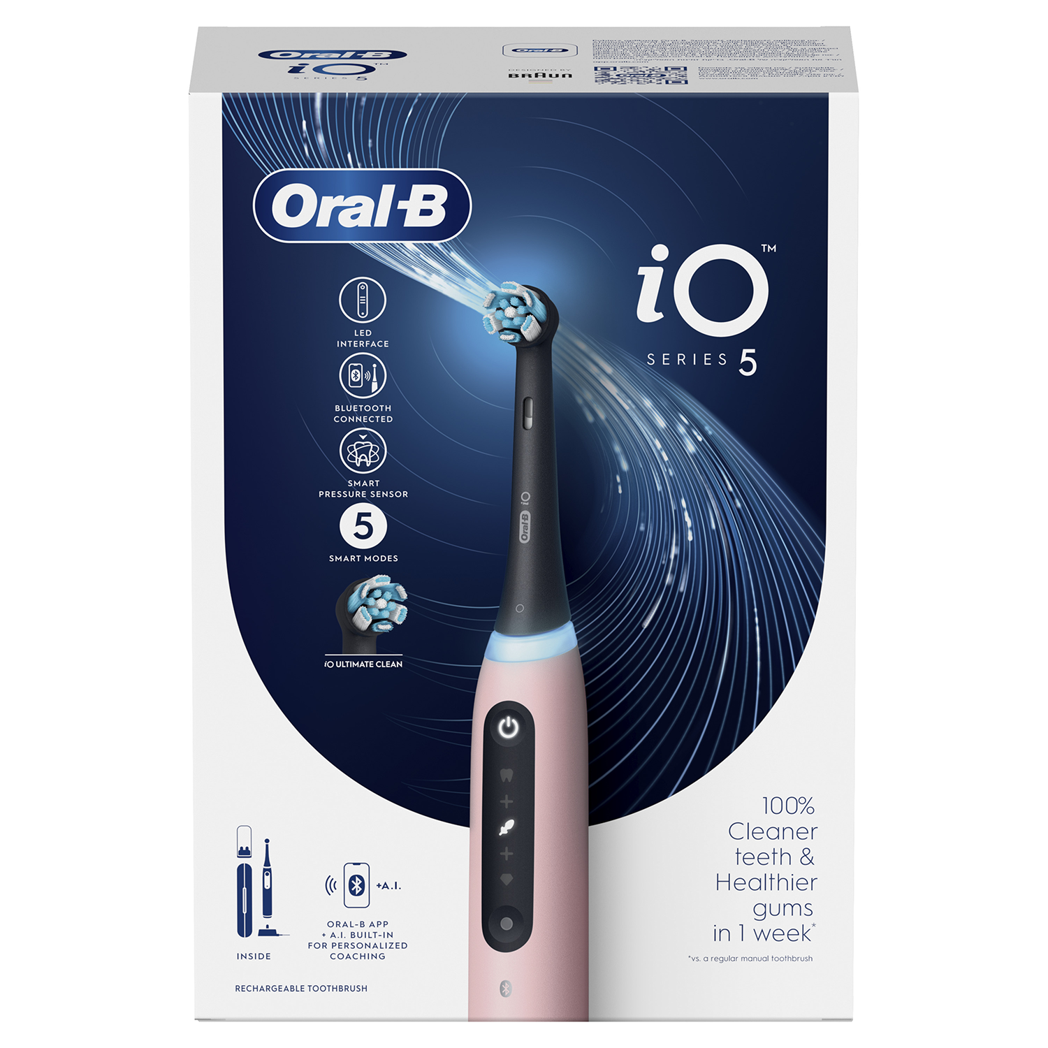Rózsaszín és fekete elektromos fogkefe. A csomagolás a kefét és a funkcióit mutatja. Oral-B márka.