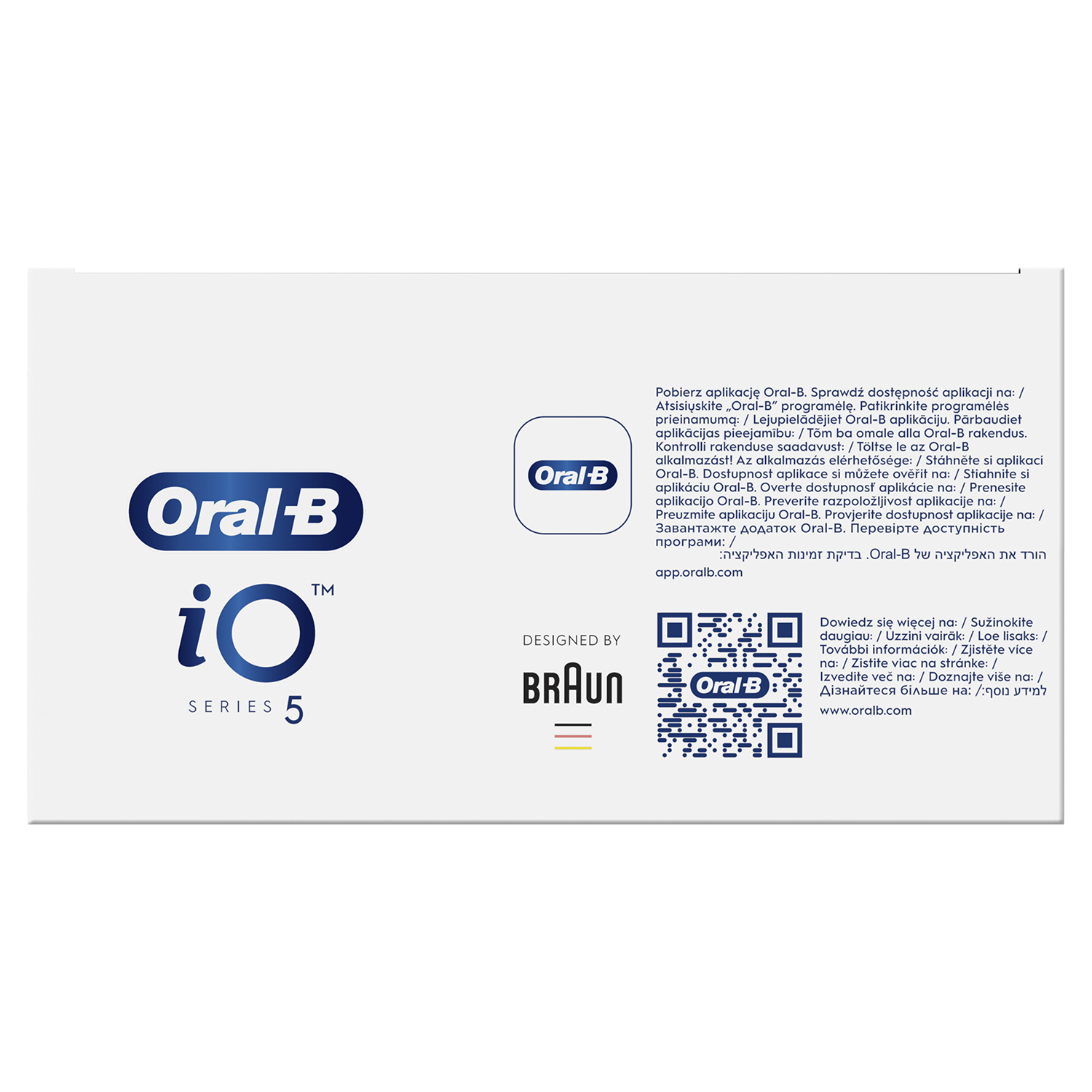 Fehér doboz Oral-B és Braun logókkal. Tartalmaz termékinformációkat, QR-kódot és Oral-B iO Series 5 logót.