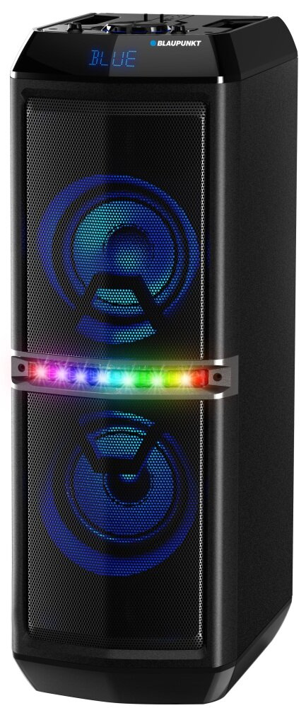 Czarny głośnik Blaupunkt z niebieskimi światłami i wieloma przetwornikami audio.