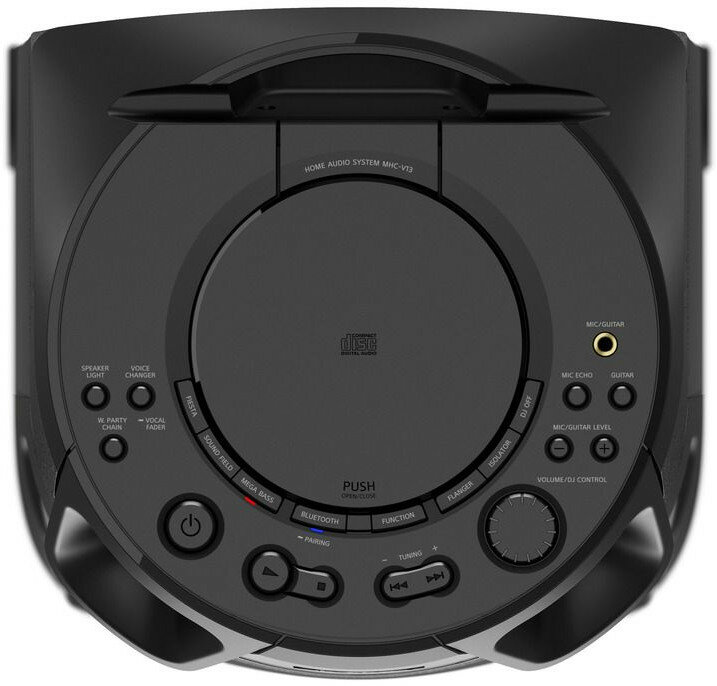 Czarny system audio w domu z różnymi przyciskami sterowania. Widoczny slot na dysk, przyciski i pokrętło.