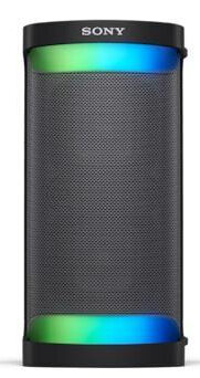 Czarny przenośny głośnik Bluetooth Sony z kolorowym światłem na białym tle.