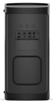 Czarny panel tylny głośnika z różnymi wejściami i kwadratowym panelem dostępu.