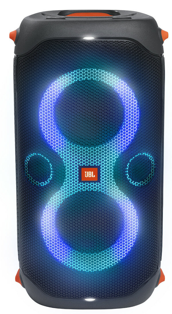 Czarny głośnik JBL z niebiesko-zielonymi światłami. Pomarańczowe akcenty. Logo JBL pośrodku.