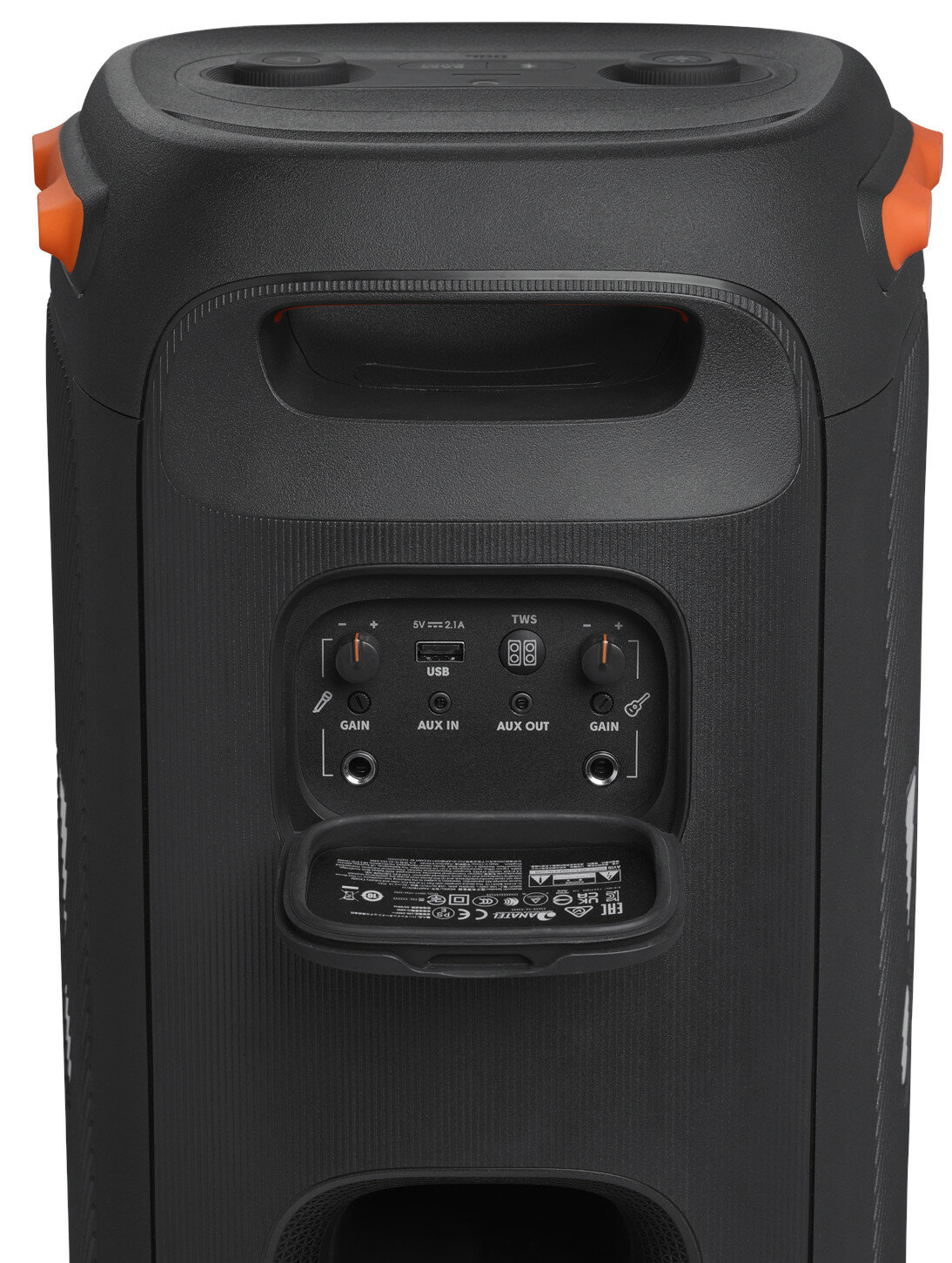 Czarny tył głośnika z kontrolkami, wejściami. Pomarańczowe uchwyty na górze. Wejścia USB, AUX, mikrofonu widoczne.