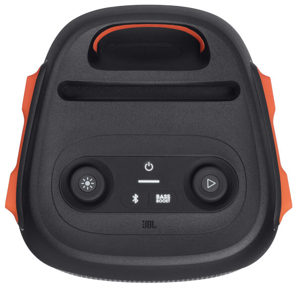 Czarny i pomarańczowy głośnik przenośny JBL. Przyciski: zasilanie, bluetooth i odtwarzanie/pauza.