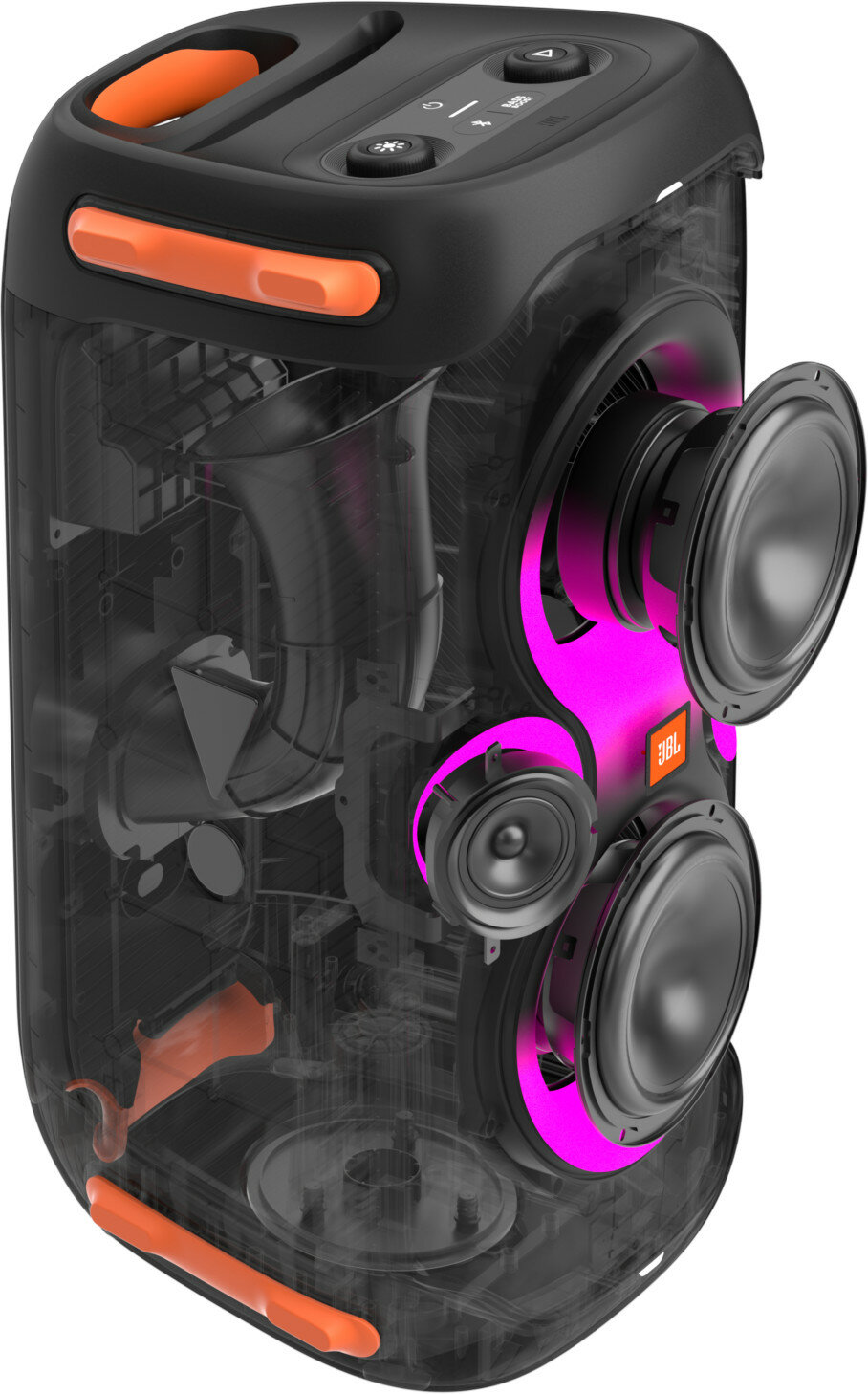 Przekrój czarnego i przezroczystego głośnika. Różowe oświetlenie wewnętrzne, pomarańczowy uchwyt. Widoczne logo JBL.