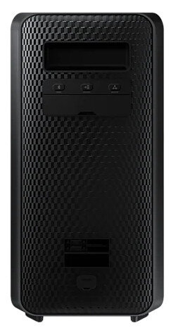 Czarna wieża serwerowa z teksturowanym panelem przednim i wyświetlaczem na górze.