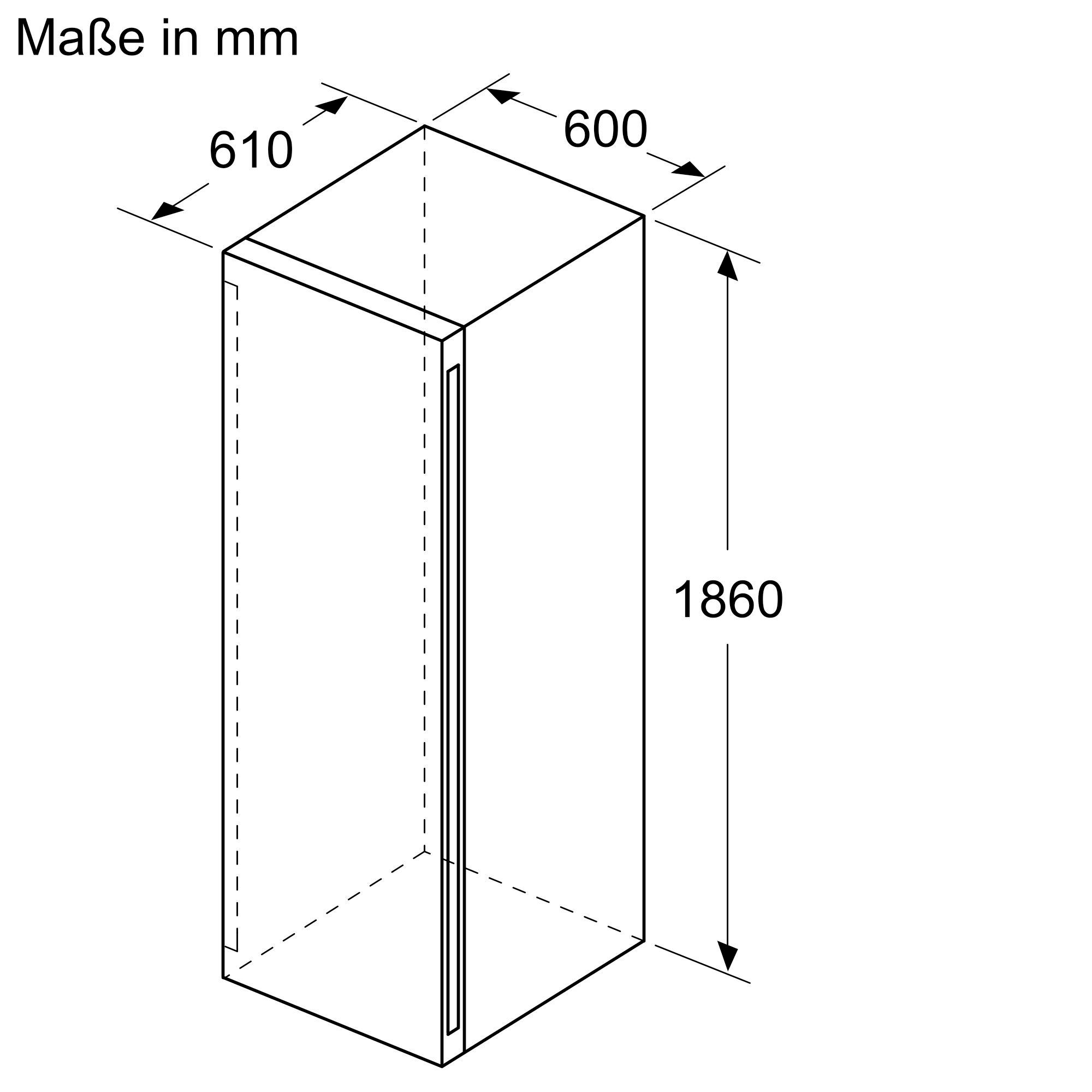 Ein weißes Diagramm, das die Abmessungen eines Kühlschranks zeigt.