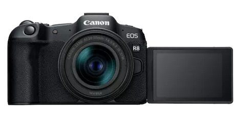 Aparat Canon EOS R8, czarny, z otwartym ekranem.
