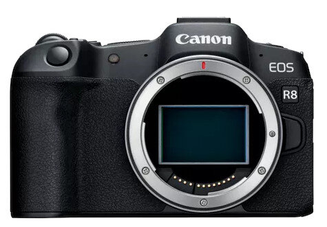 Czarny aparat Canon EOS R8 z otwartym mocowaniem obiektywu.