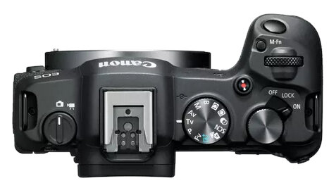 Widok z góry czarnego aparatu Canon EOS z różnymi przyciskami i pokrętłami.