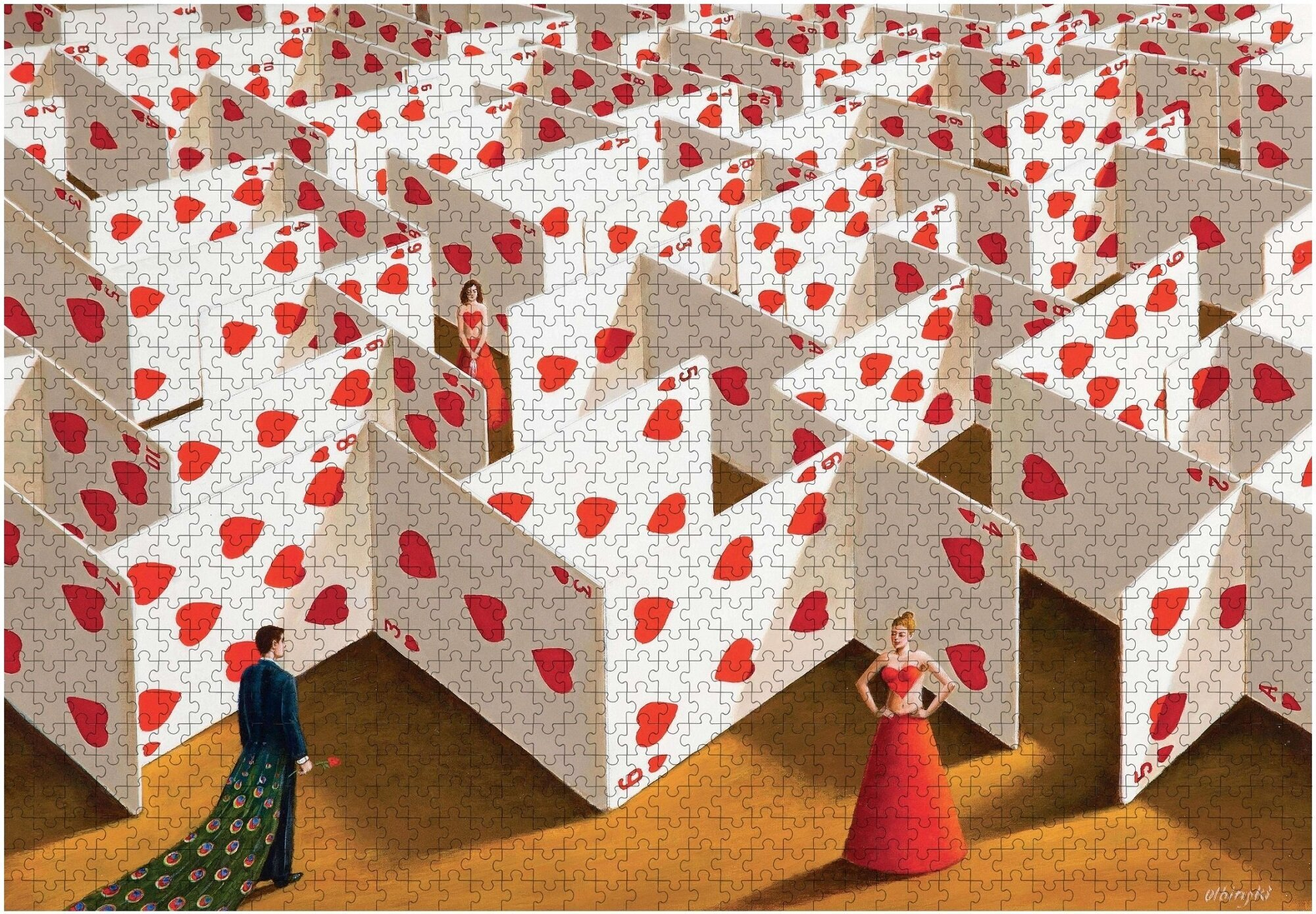 Mężczyzna w garniturze z trenem pawia i kobieta w czerwonej sukni w labiryncie kart.