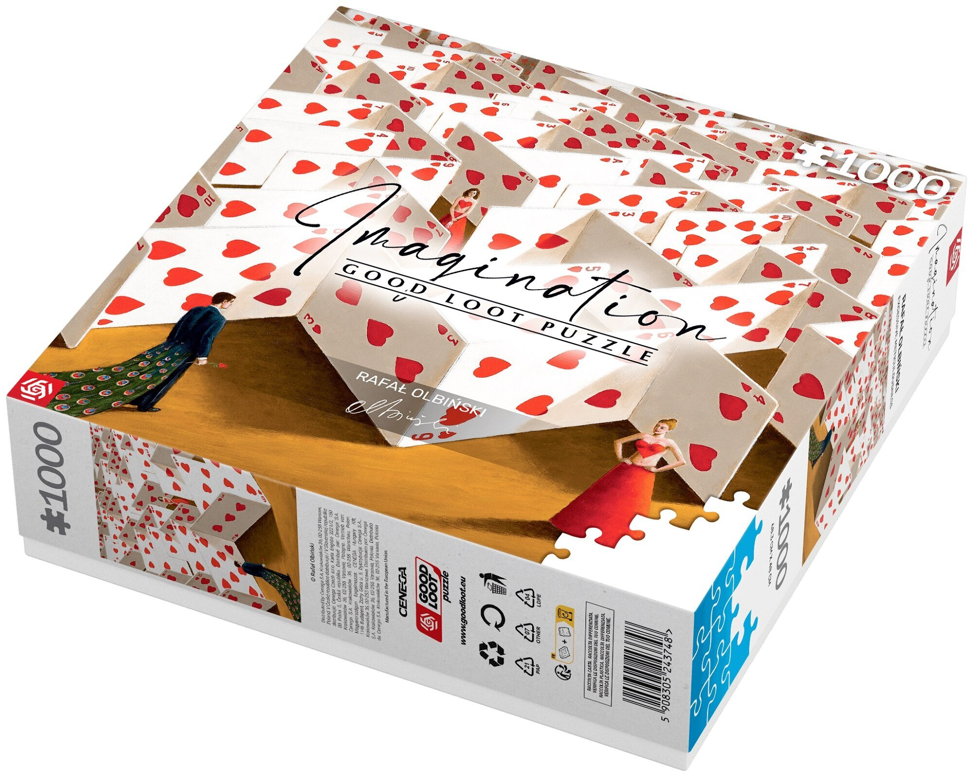 Pudełko z puzzlami, kartami do gry w serca, mężczyzną z ogonem pawia i kobietą w czerwonej sukni.