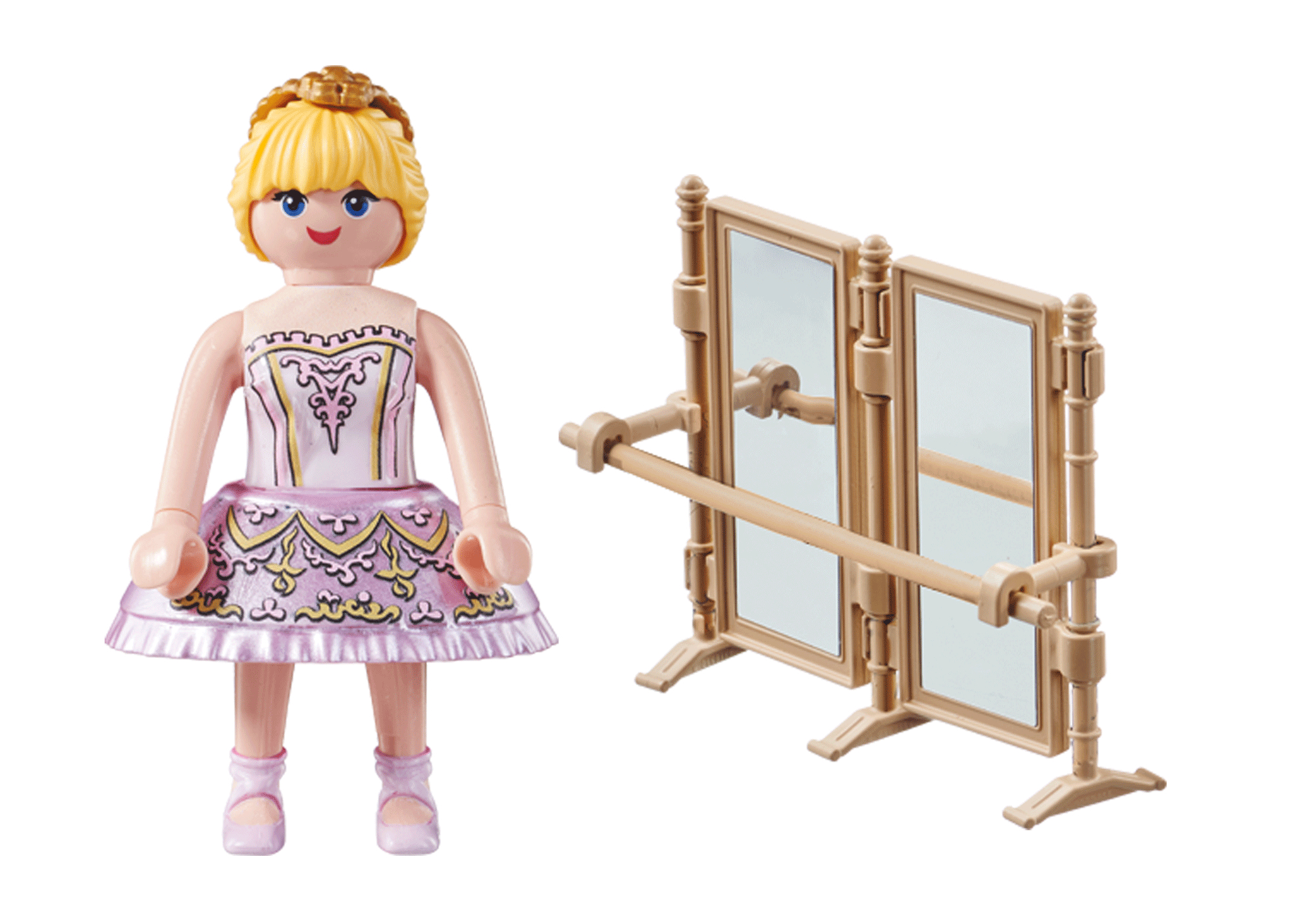 Playmobil Ballerina mit Tanzstange. Ballerina in rosa Kleid, blondes Haar. Tanzstange ist beige.