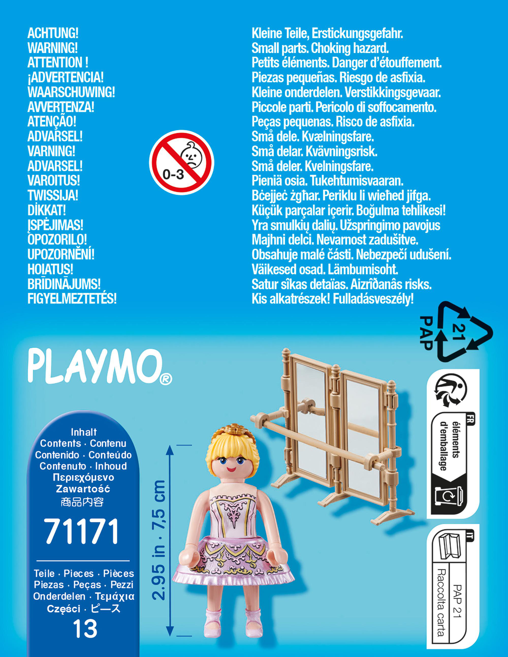 Eine Playmobil-Box mit einer Ballerina und Ballettstange, mit Warnhinweisen in mehreren Sprachen.