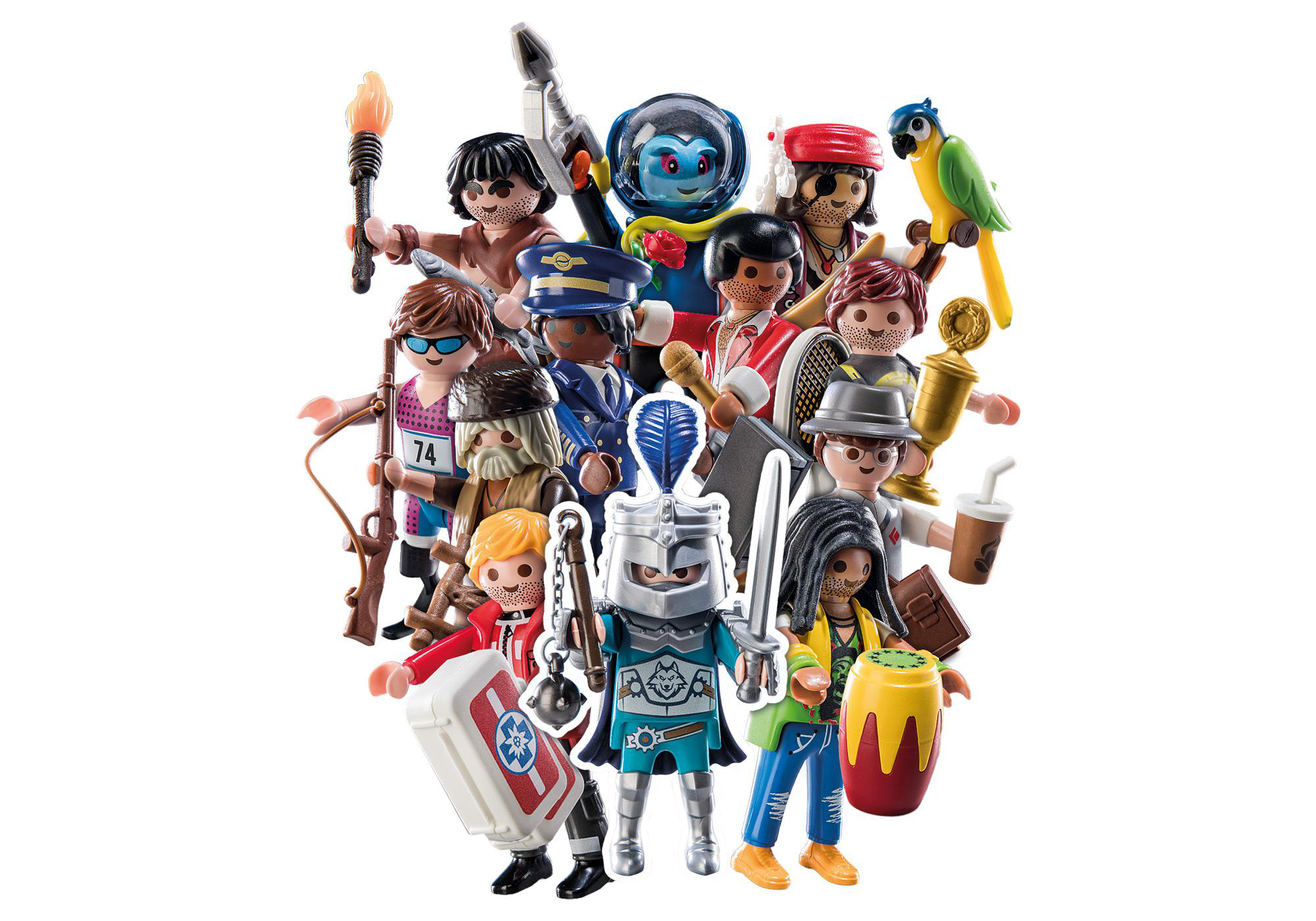Eine Sammlung von Playmobil-Figuren, darunter ein Ritter, ein Pirat und andere verschiedene Charaktere.