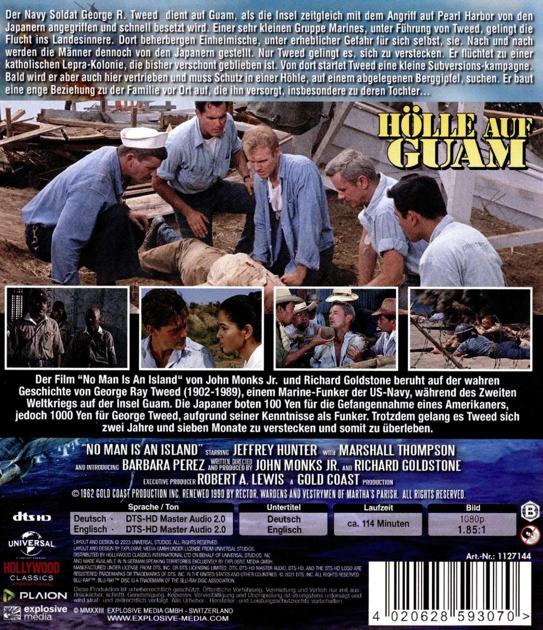 Filmplakat des Films 'No Man Is an Island'. Zeigt eine Gruppe von Männern in einer Kriegsszene. Text auf Deutsch.