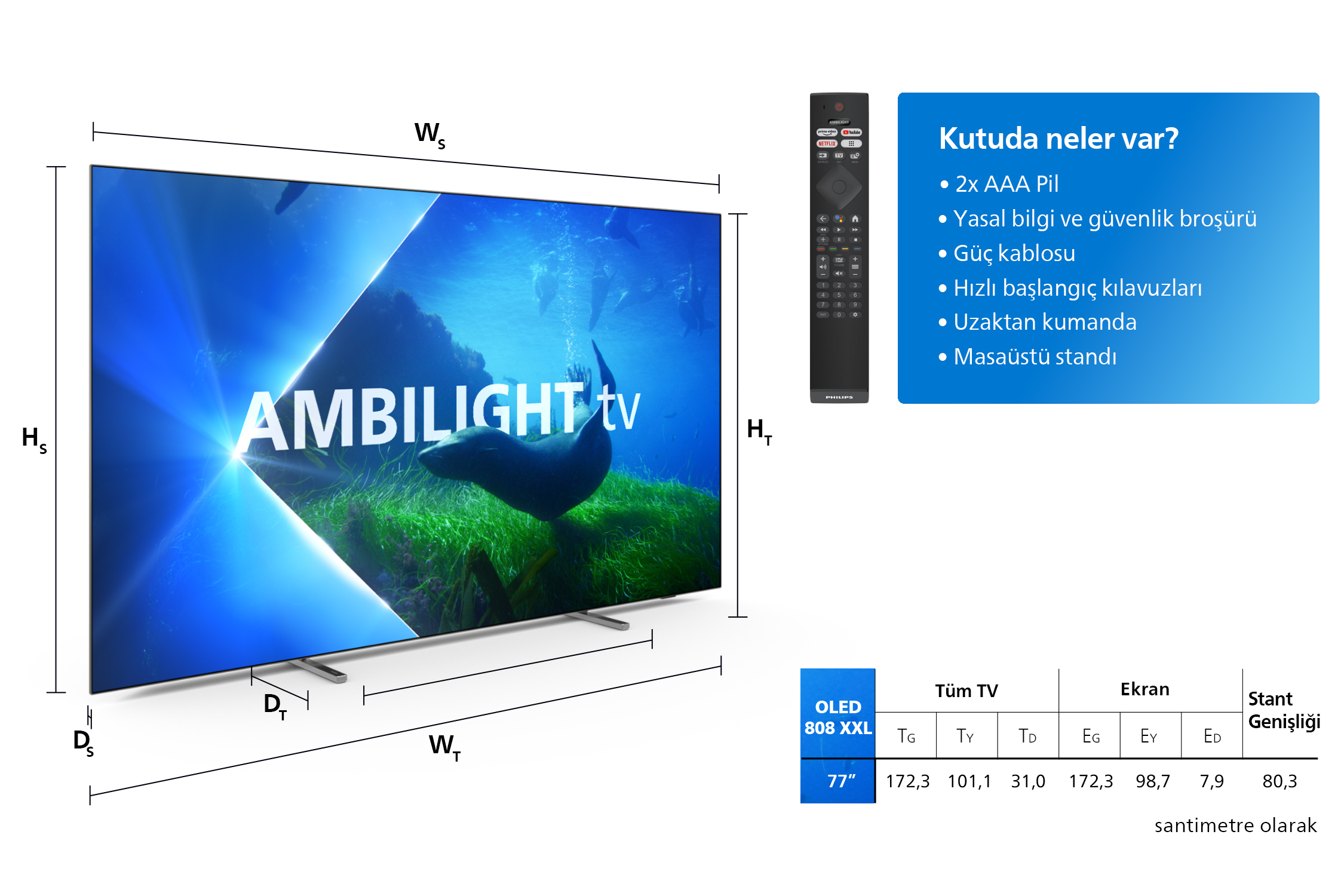Uzaktan kumandalı büyük bir TV, boyutları ve özellikleri gösteriyor.