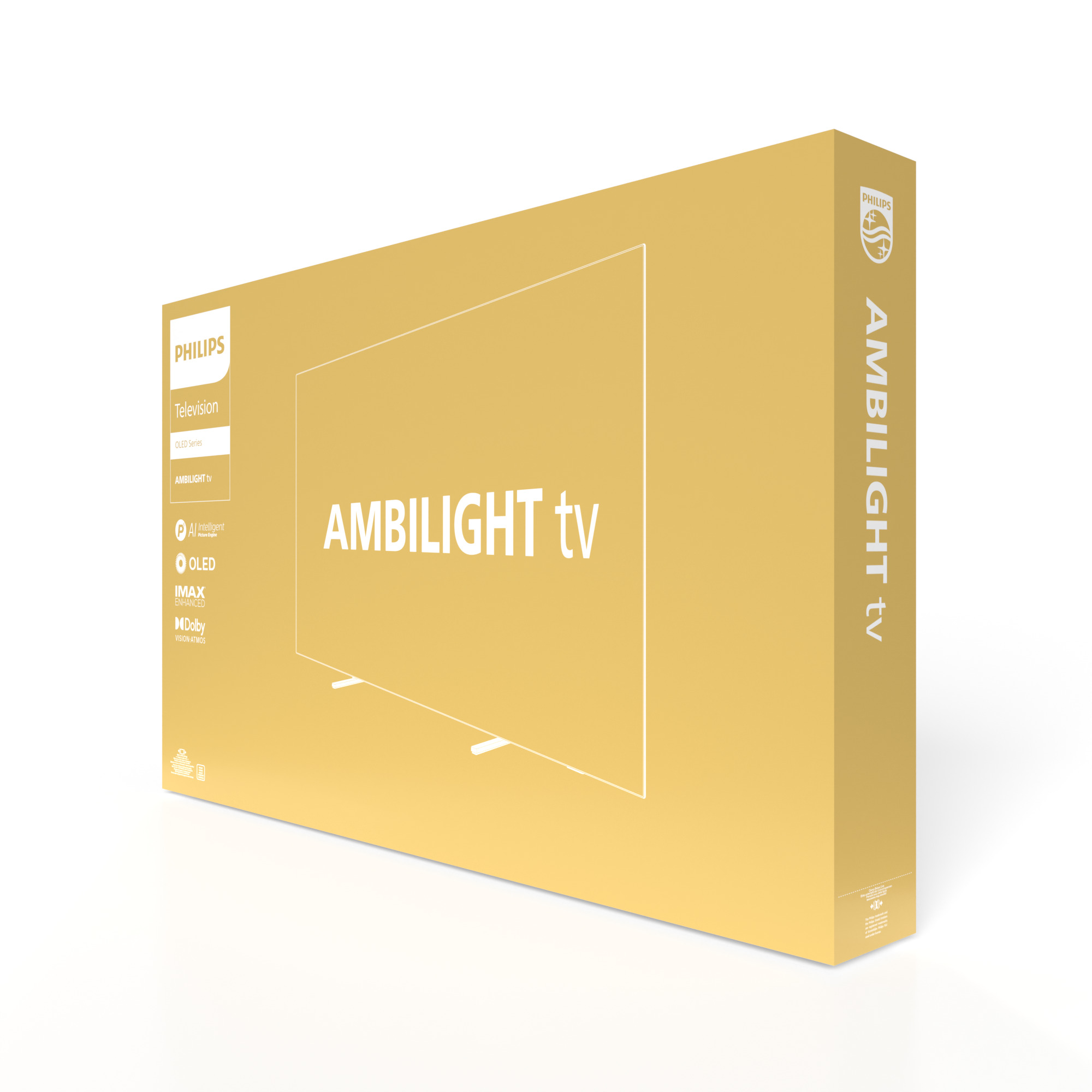 Beyaz bir televizyonun beyaz anahatları ve 'AMBILIGHT' kelimesi ile sarı bir kutu.