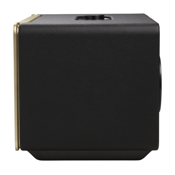 Amplificador negro con ribete dorado sobre una superficie negra. Se muestra la vista lateral del dispositivo.