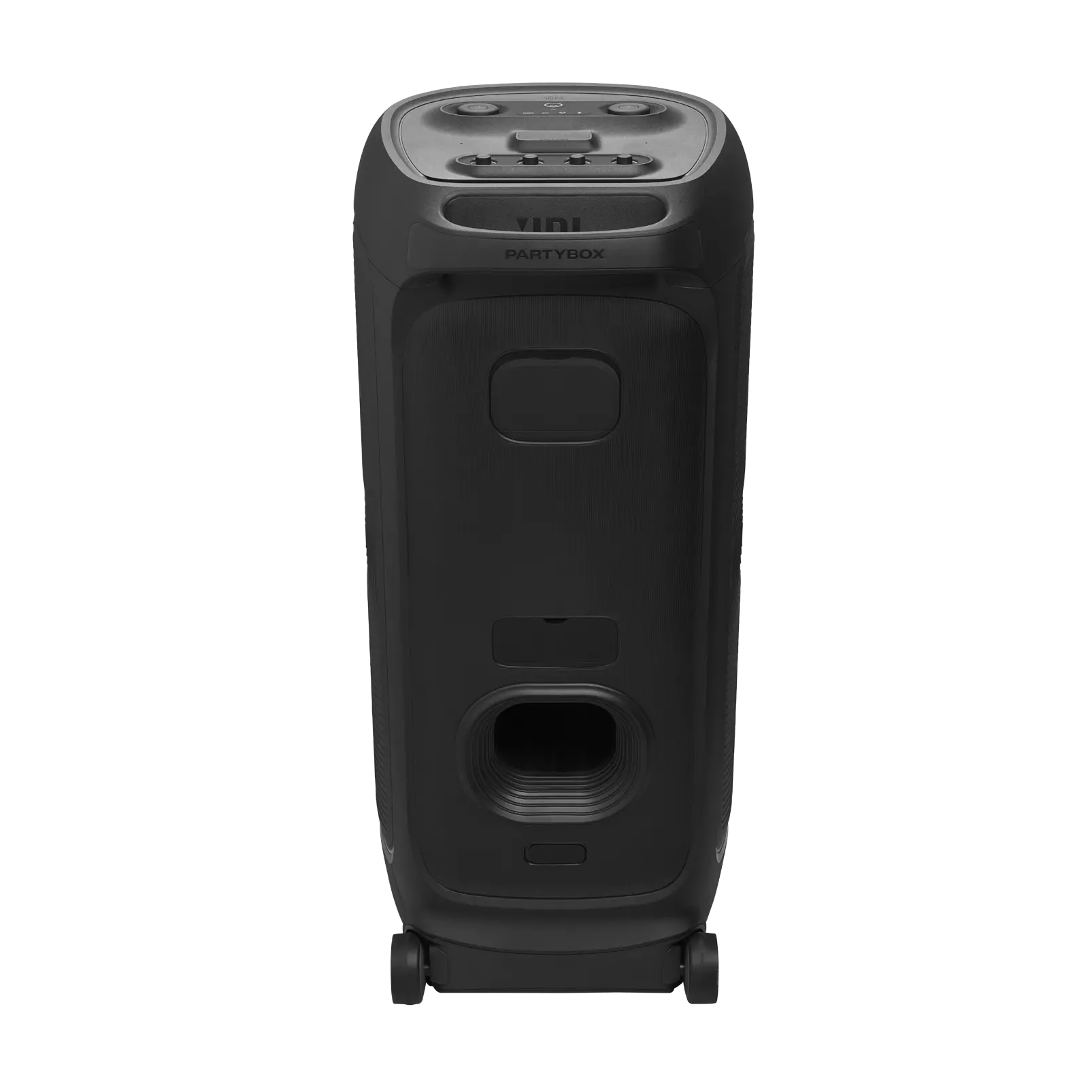 Un altavoz negro sobre ruedas, con un asa. Tiene forma rectangular. Fondo negro.