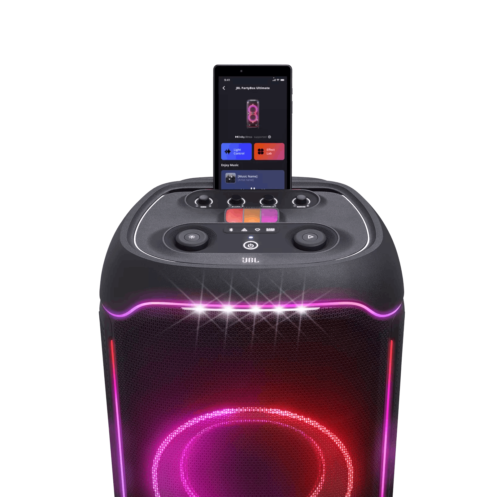 Altavoz con un teléfono en la parte superior. El altavoz tiene luces alrededor de la cara. Fondo negro.