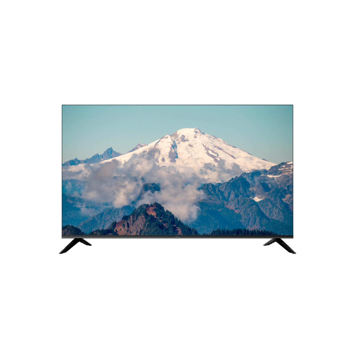 Een grote zwarte tv toont besneeuwde bergen achter wolken, met een blauwe lucht als achtergrond.