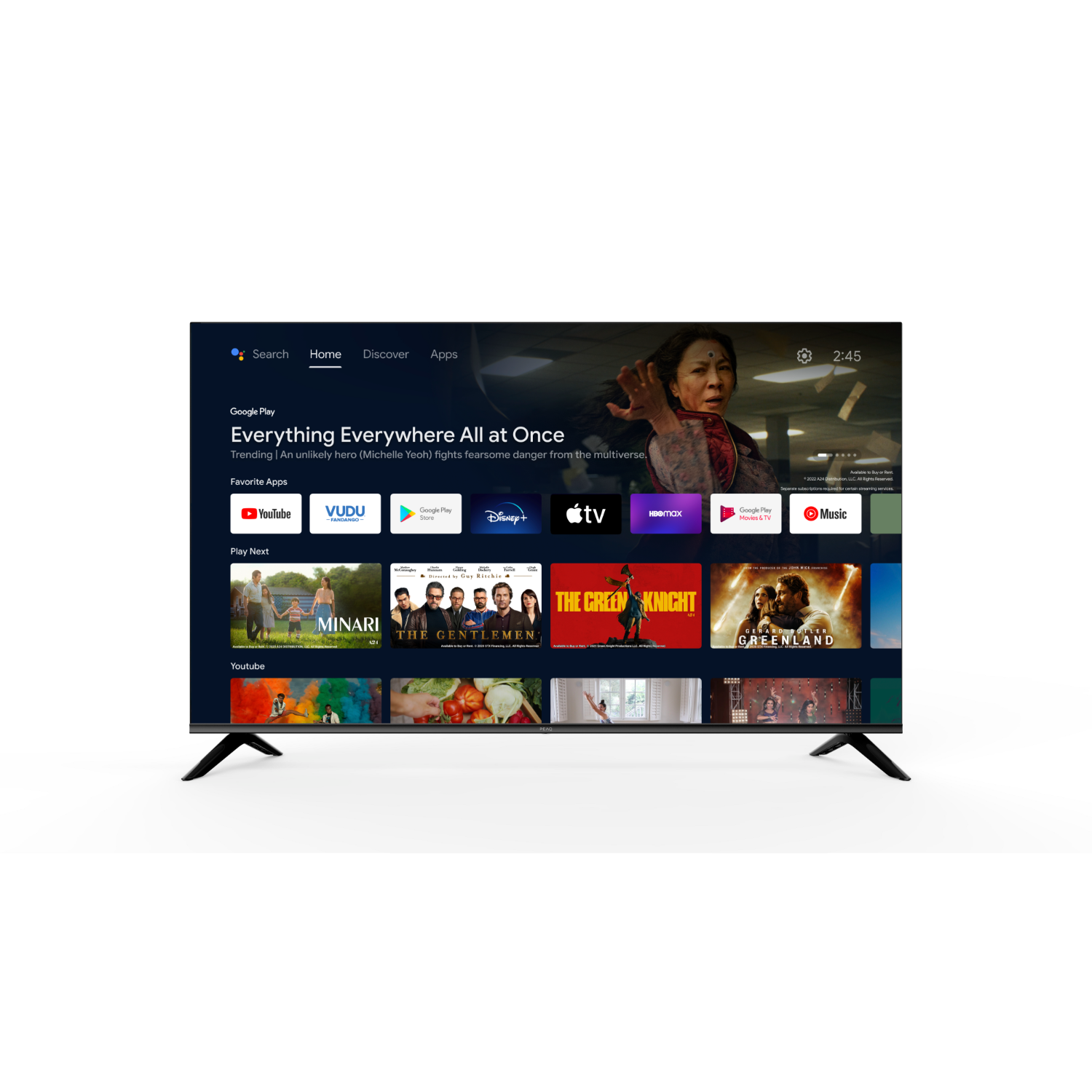Tv-scherm met een startscherm met film- en app-iconen.