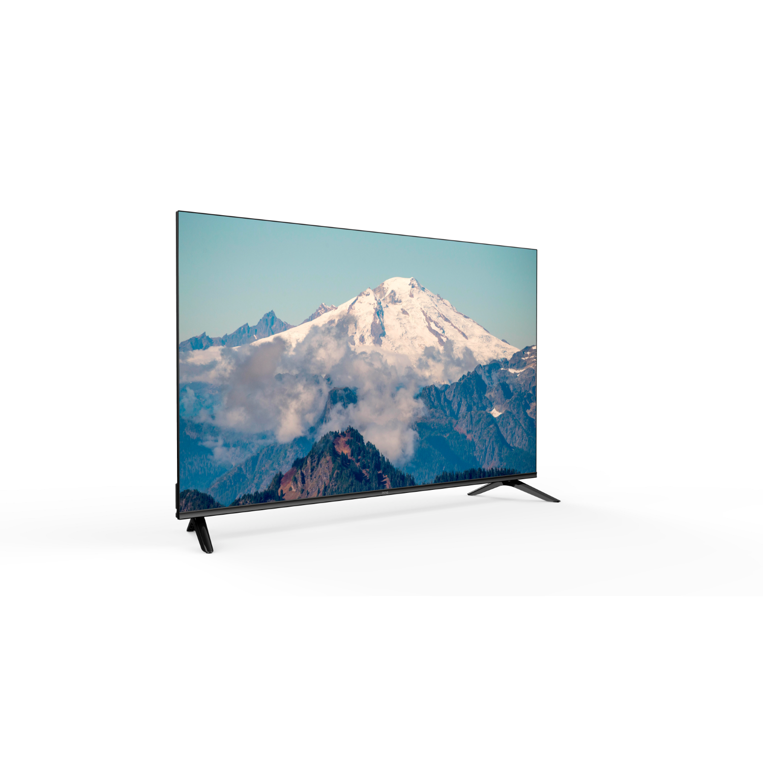 Een flatscreen-tv toont een berglandschap met blauwe lucht en wolken.