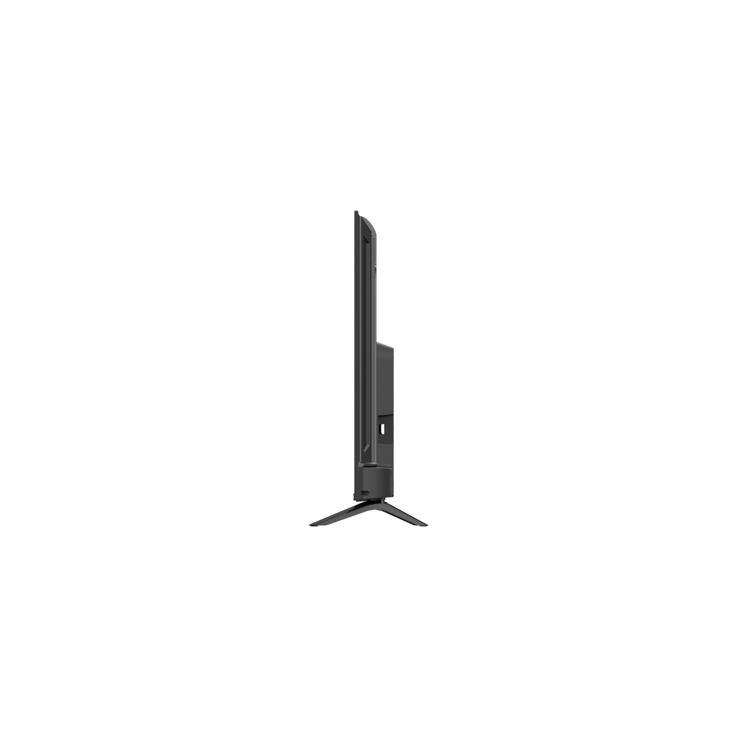 Zijaanzicht van een zwarte tv, met een dun frame en een gebogen standaard, tegen een witte achtergrond.